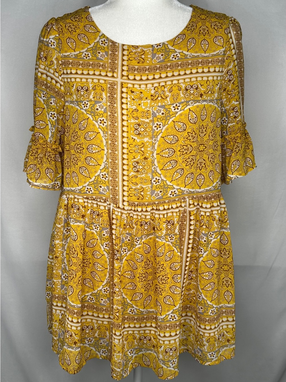 Hayden Los Angeles Yellow Bandana  Print‎ Babydoll Blouse Bohemian Sz S